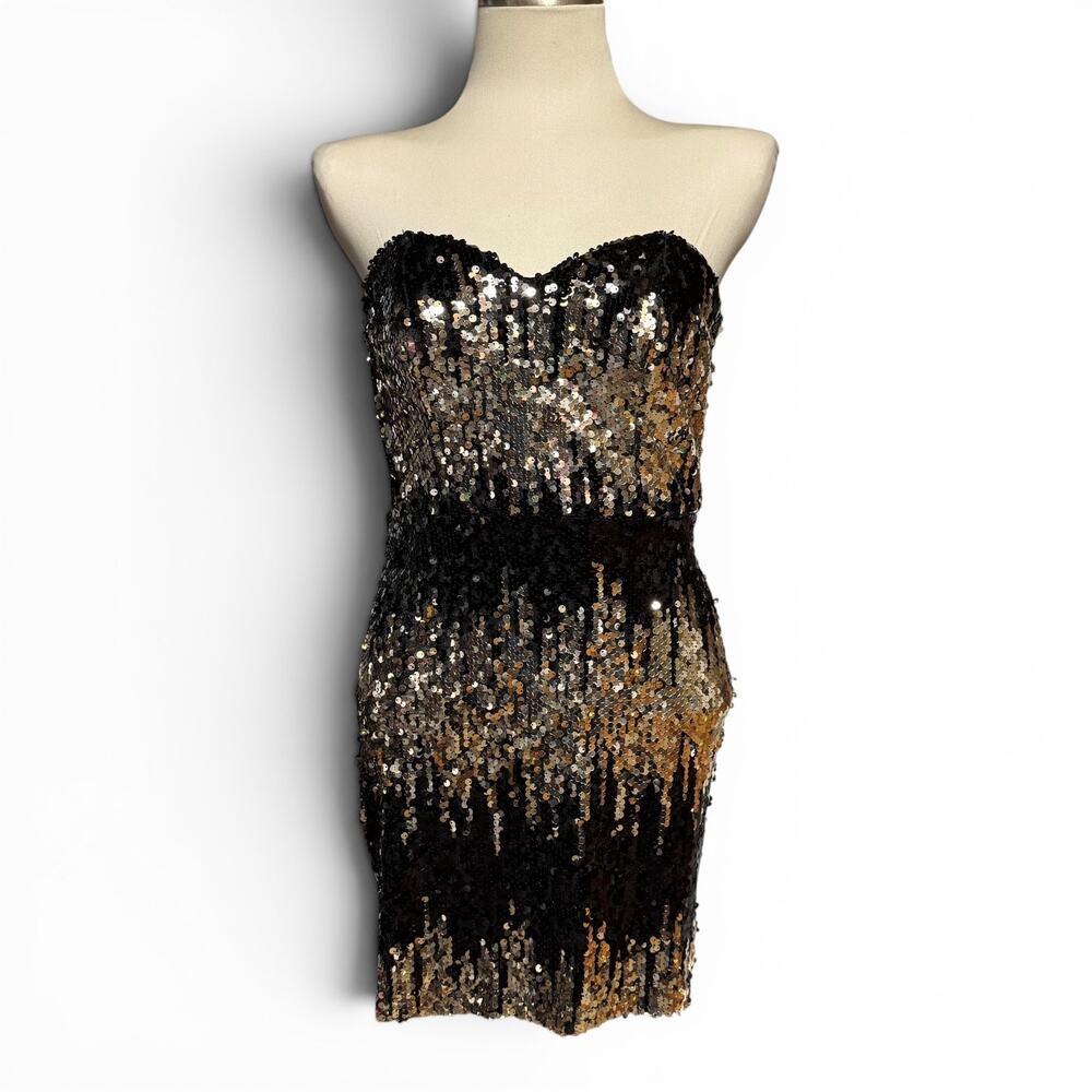 Social Couture Strapless Sequin Mini Cocktail Dress Black Gold Medium